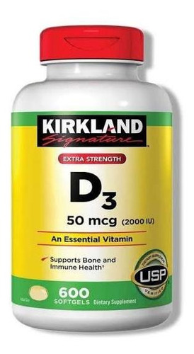 Vitamina D3, 50mcg,600 Softgels.2000iu,kirkland.