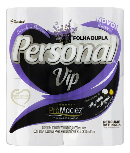 Papel Higiênico Folha Dupla Lavande de Provence Personal Vip 30m Pacote 4 Unidades