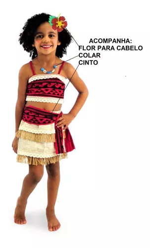 Vestido Fantasia Infantil Moana Princesa Colar Coroa Luva