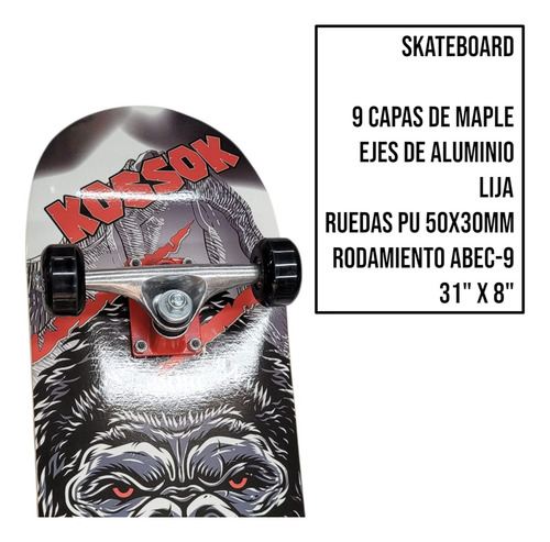 Skate Completo Kossok Patineta Eje De Aluminio Lija 9 Maple Negro Rojo 530