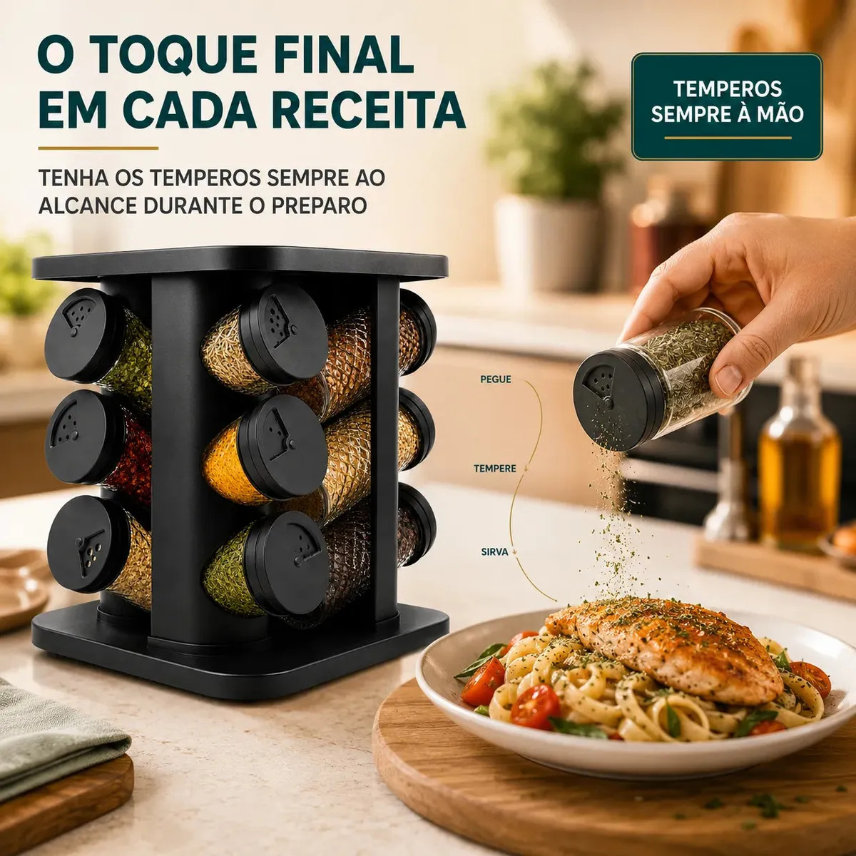 Porta Temperos Condimentos 12 Unidades Potes Vidro Base Giratória Preto Organizador Cozinha... 7