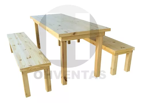 Mesa 200x80 + 2 Bancos 2 Mtss Madera Macizo Quincho Comedor