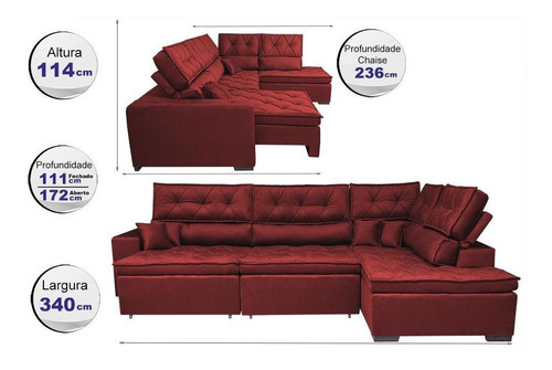Sofá Canto Retrátil,reclinável Cama Inbox Platinum Vermelho Cor Vermelho
