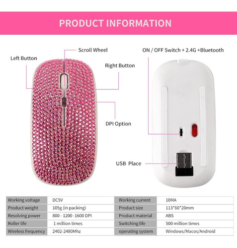 Zienstar Ratón Inalámbric Bluetooth Bling Recargable2.4g+5,2