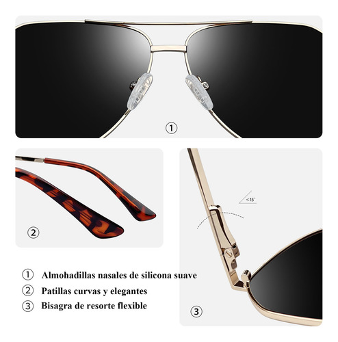 Lentes de sol polarizados hombre UV400 anti luz solar piloto diseño dorado/negro