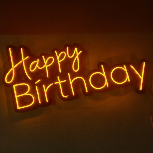 Cartel Neón Led, Happy Birthday Amarillo, 66cm, Con Fuente Amarillo