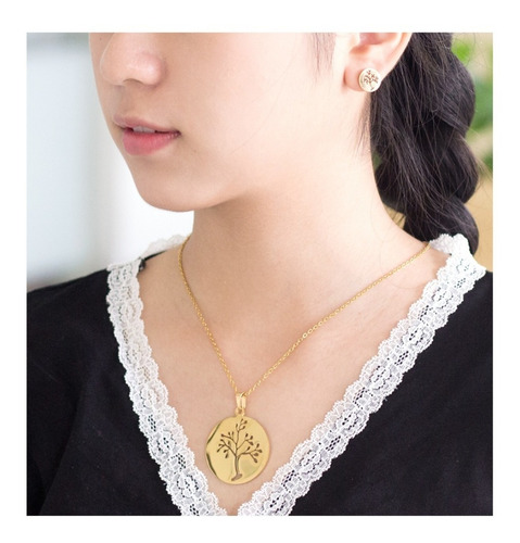 Imagen 4 de 8 de Conjunto Collar Aretes Dije Árbol De La Vida Cadena Acero