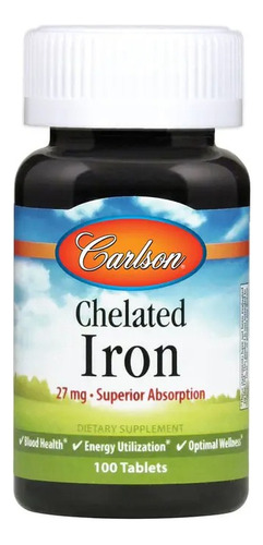 Carlson Labs Chelated Iron 27mg Absorción Super 100 Tabs Sabor Sin Sabor