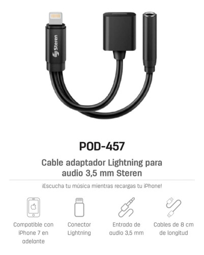 Cable Adaptador Lightning Para Audio 3,5 Mm Steren Pod-457