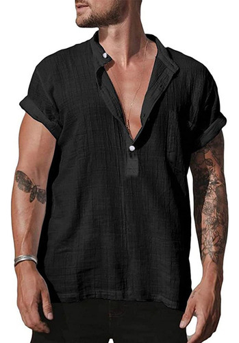 Camisa De Hombre Con Cuello En V Algodón Lino Juven