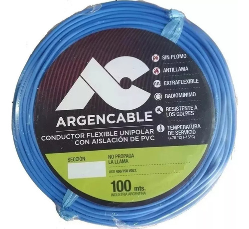 Cable Unipolar Argencable 6mm Rollo 100mts Azul