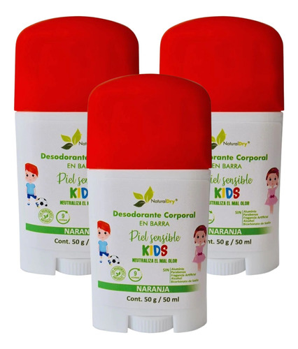 3 Pack Desodorante Naturaldry Kids Piel Sensible Barra 50g