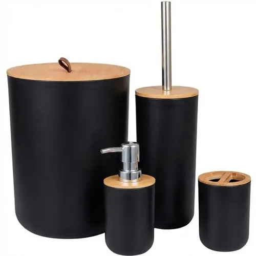 KIT BANHEIRO CONJUNTO ACESSóRIOS BANHEIRO LAVABO BAMBU 4 PEçAS LIXEIRA ESCOVA SANITáRIA DISPENSER SABONETEIRA PORTA ESCOVA REDONDO PRETO SHOKKI