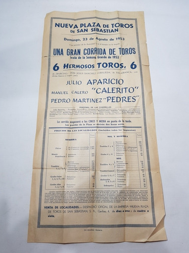 Antiguo Afiche Toros 1953 San Sebastián Mag 57850