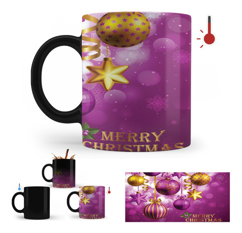 Taza Mágica Navideña Esferas Moradas Con Texto