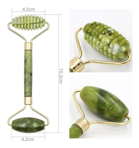 Imagen 2 de 7 de Rodillo Facial Roller Jade Doble Puntas + Piedra Gua Sha