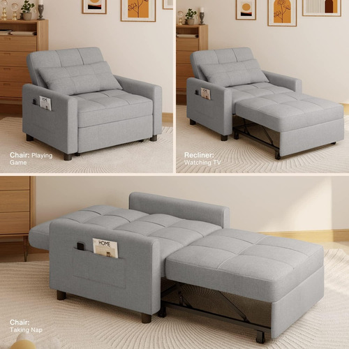 Sofá Cama Multifuncional 3 En 1; Lino Gris Claro; Noelse