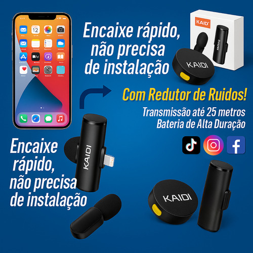 Microfone Lapela Redondo Imã Sem Fio Preto Duplo Anti Ruído