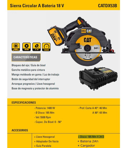 Sierra Circular Con Bateria 1400w 185mm Caterpillar Dx53b