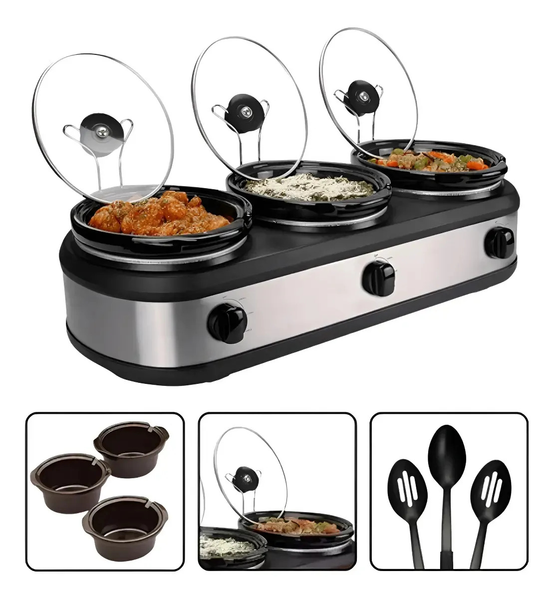 Rechaud Elétrico Triplo Buffet Slow Cooker 3 Panelas