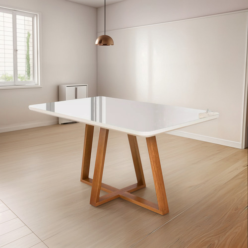 Mesa De Jantar Wood Premium Base Madeira Pura Com Vidro