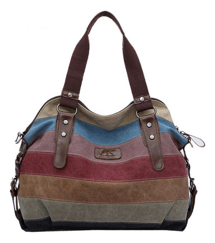 Bolsa De Lona A Rayas De Arco Iris Empalmada Bolsa De Mujer Tela De Lavado