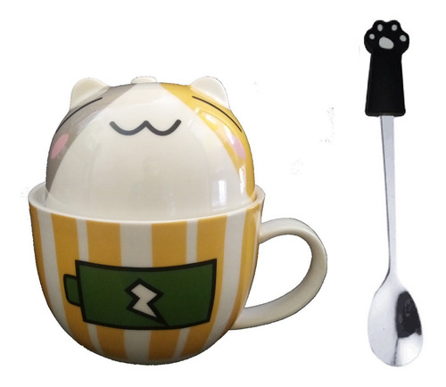 Taza Doble Y Cuchara Gato Gatito Pila Llena Kawaii Regalos 