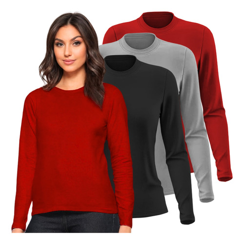 Kit 3 Blusa Camiseta Feminina Manga Longa Algodao Premium