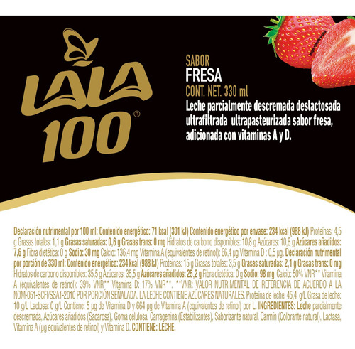 Lala 100 Leche Sin Lactosa Sabor Fresa. 20 Pzas De 330 Ml