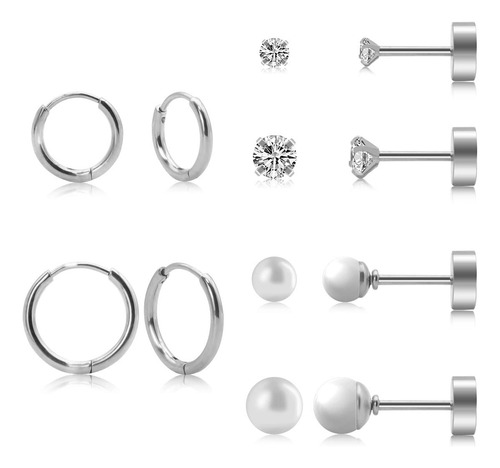 Set De Aretes Circonita Cúbica Pequeños Con Perla Mujer