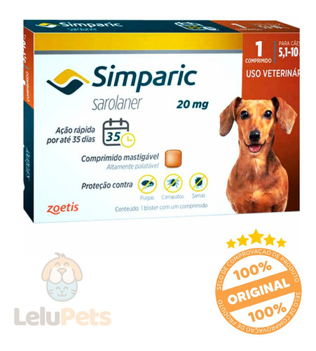 Antipulgas Zoetis Simparic 20mg Para Cães 5 A 10 Kg