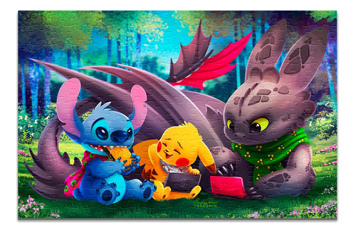 Quebra-cabeça Stitch Banguela E Pikachu 120 Peças