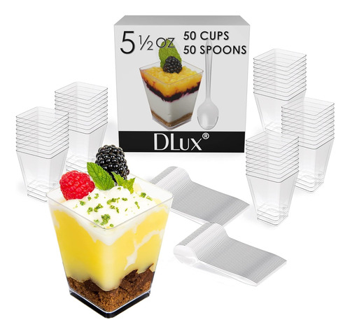 50 X 5 Oz Mini Tazas De Postre Con Cucharas, Cuadrado Grande