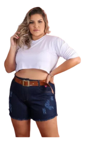 Short Jeans Feminino Plus Size Lycra Cinto Cintura Alta