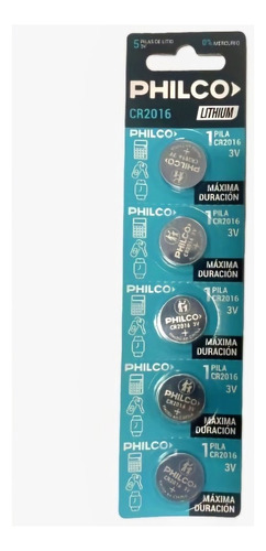 Pila De Litio 2016 Philco Pila Boton Redonda 3v Tira X 5 Uni