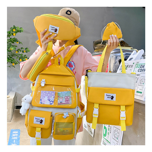 Kit De Mochila Juvenil 5 Pzs Kawaii Modelo Llavero Oso 572