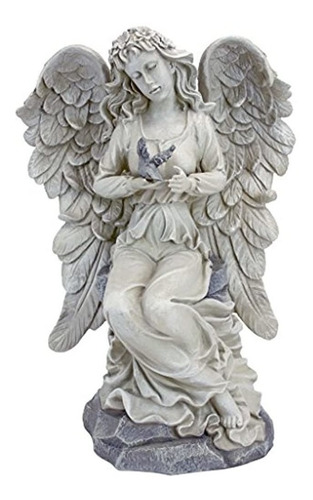 Diseño Toscano Angel On Rock Con Bird Garden Statue 13 Pulga