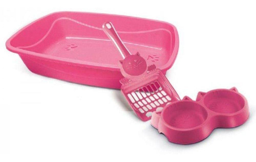 Kit Areia P/gatos Sílica Caixa Areia Pá Comedouro Duplo Rosa
