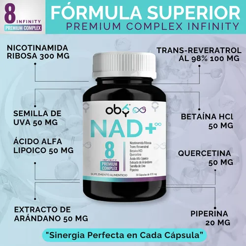 Oby Nad+ Resveratrol Potenciado 8 Ingredientes: Nr Nicotinamida Ribosa, Resveratrol, Acido Alfa Lipoico, Betaina, Quercetina, Piperina, Uva, Arandano | Precursor Nad Nmn Infinity 100% Vegano 30 Dias