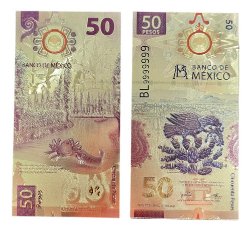 3 Billetes 50 Pesos Ajolote Dorado Oro Laminado México Suert