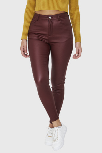 Calza Elasticada Skinny Tipo Encerada Burdeos Nicopoly