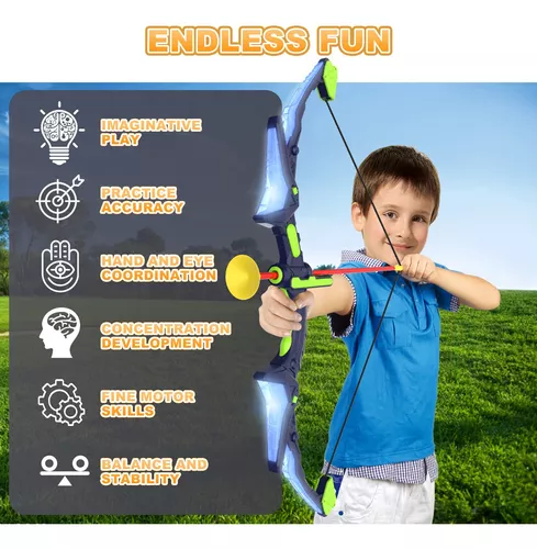 Arco y flecha para niños de 8 a 12 años, juego de tiro con arco luminoso,  juego de juguetes con luz LED, incluye 6 flechas de ventosa, objetivo y