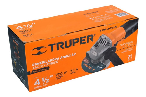 Esmeriladora angular Truper Profesional ESMA-4-1/2A12 de 60 Hz color naranja 700 W 127 V + accesorios