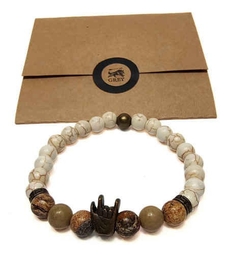 Pulsera De Hombre Piedra Marfil + Jaspe + Dije Rock & Roll