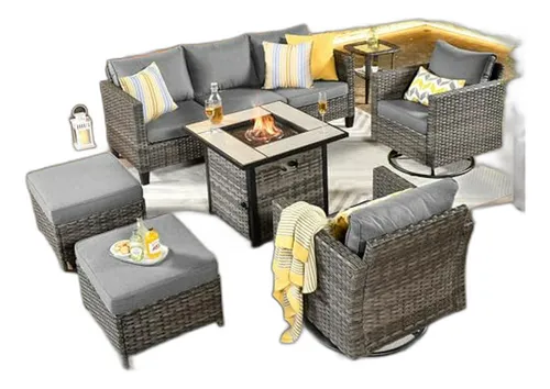 Juego Patio Con Mesa Fuego, Sillas Giratorias, Mimbre Rattan
