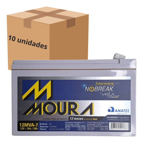 Kit 10 Bateria Estacionária 12v 7ah Nobreak Alarme Moura