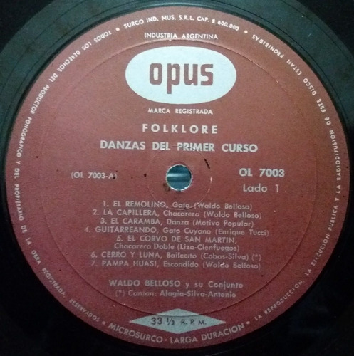 Folklore Danzas Del Primer Curso - Waldo Belloso Lp (Usado)
