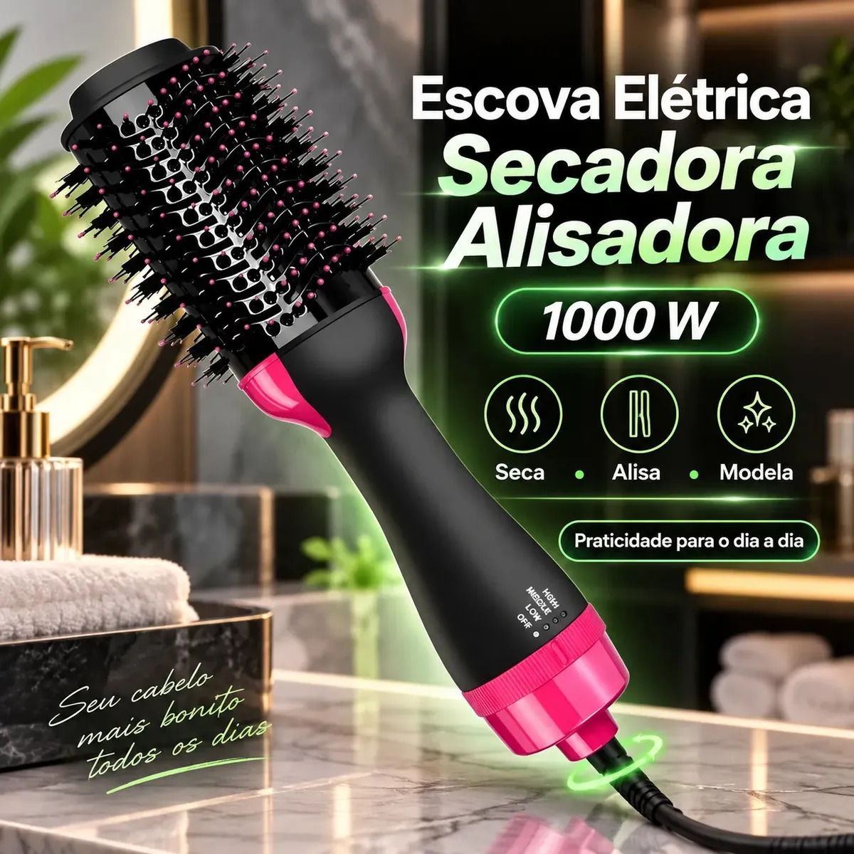 Escova Elétrica De Cabelo Secadora Alisadora Profissional 1000w