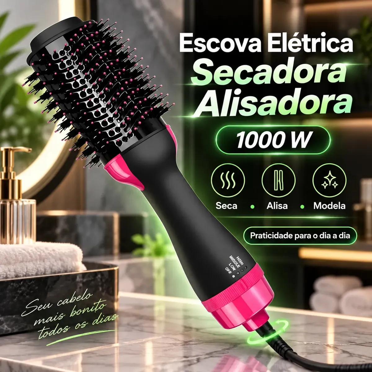 Escova Elétrica De Cabelo Secadora Alisadora Profissional 1000w