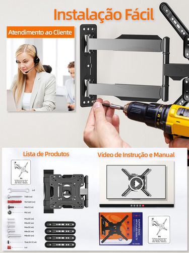Suporte Tv Tri Articulado 14'' A 63'' Para Parede E Painel Cor Preta